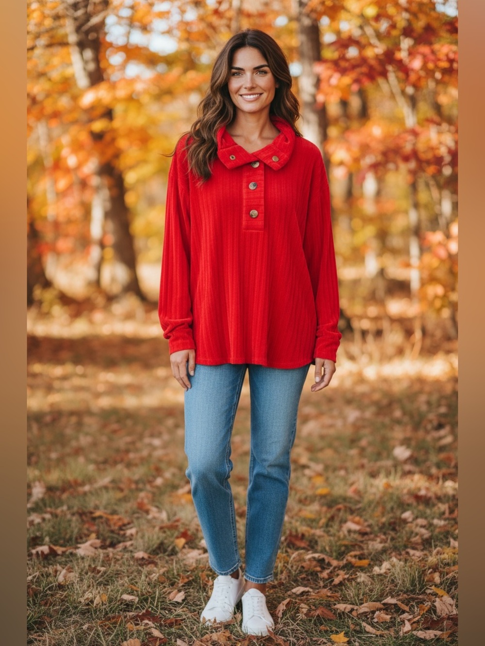 Ruby Rd. Ribbed Snap-Neck Pullover Hoodie in Red - Picture 2 of 2